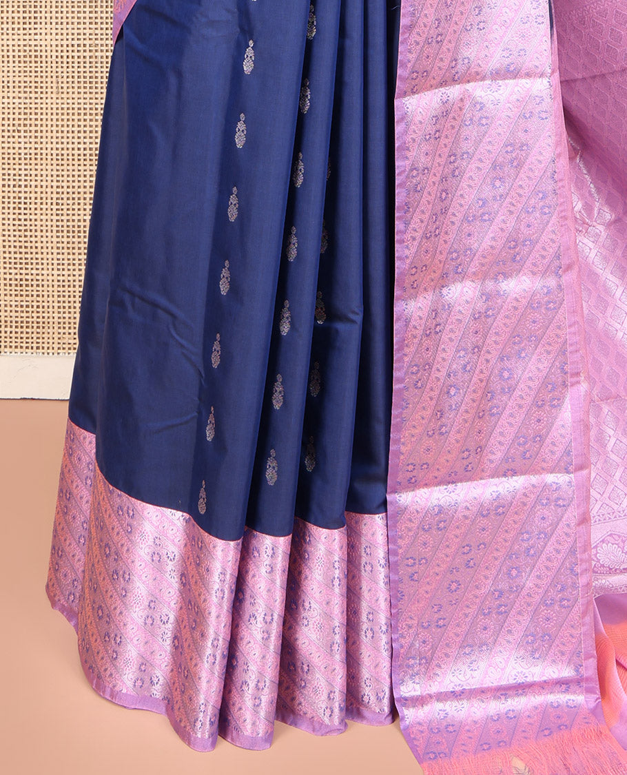 Blue Budget Silk Saree, Enriched with Zari Buttas All Over Its Body, Complemented by Contrast Border of Floral-Paisley Designs, Beautifully Bedecked Pallu of Jaal Designs, and Paired with a Contrast Blouse