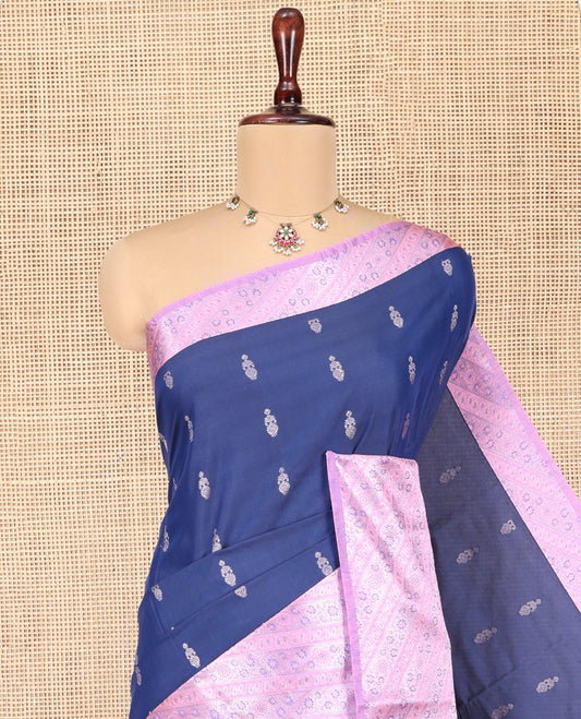 Blue Budget Silk Saree, Enriched with Zari Buttas All Over Its Body, Complemented by Contrast Border of Floral-Paisley Designs, Beautifully Bedecked Pallu of Jaal Designs, and Paired with a Contrast Blouse