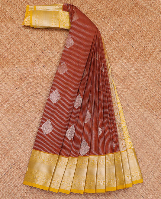 Rust Budget Silk Saree Beautified with Buttas and Stripes All Over Its Body, Complemented by a Contrast Border of Traditional Zari Designs, Scintillating Pallu of Jaal Designs, and Paired with a Contrast Blouse