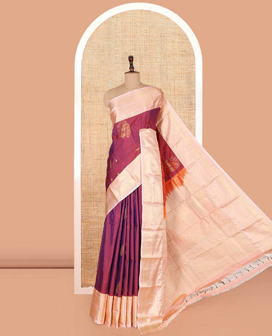 Red Budget Silk Saree, Decked Up with Zari Buttas on Its Body, Complemented by a Contrast Traditional Zari Design Border, Intricate Pallu, and Paired with a Contrast Blouse