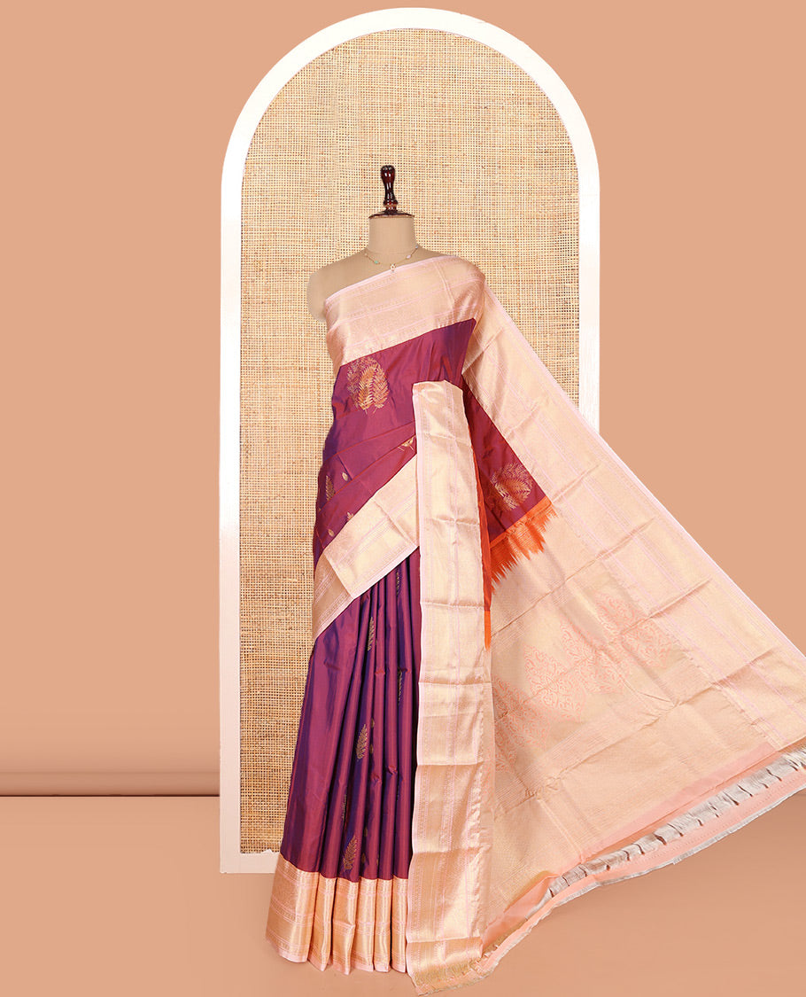 Red Budget Silk Saree, Decked Up with Zari Buttas on Its Body, Complemented by a Contrast Traditional Zari Design Border, Intricate Pallu, and Paired with a Contrast Blouse