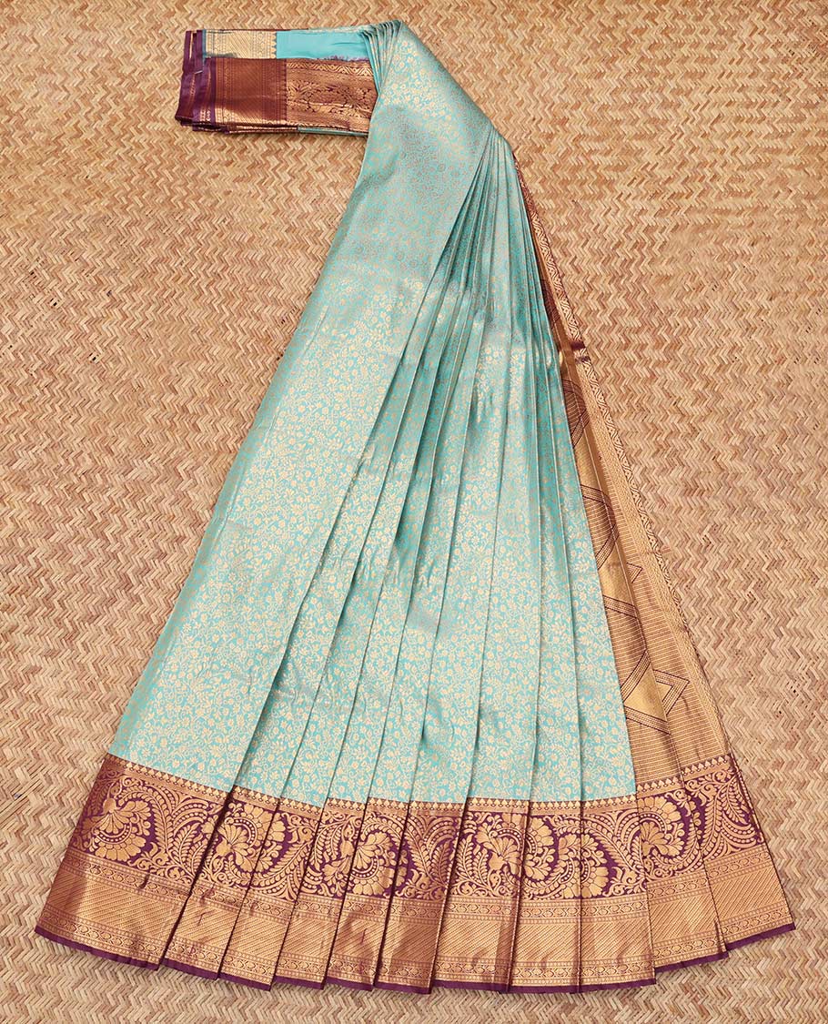 Blue Budget Silk Saree, Accentuated with Jacquard Design, Complemented by Contrast Traditional Zari Border, a Grand Pallu and a Contrast Blouse
