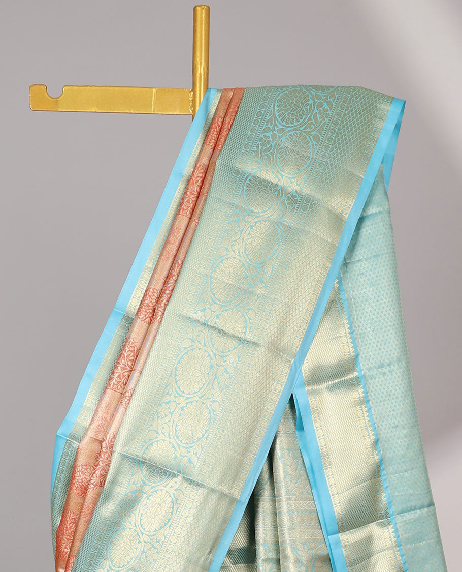 Orange floral buttas budget silk saree, contrast traditional zari design border & jaal pallu