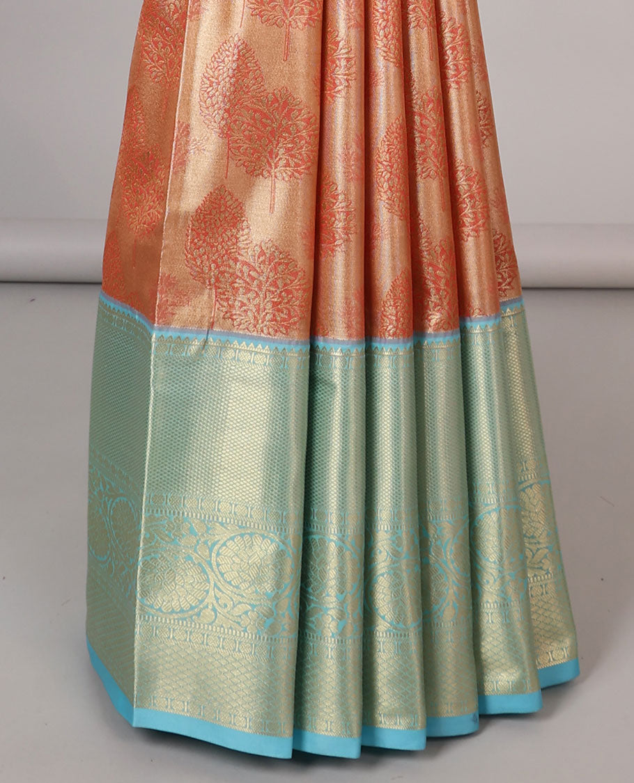 Orange floral buttas budget silk saree, contrast traditional zari design border & jaal pallu