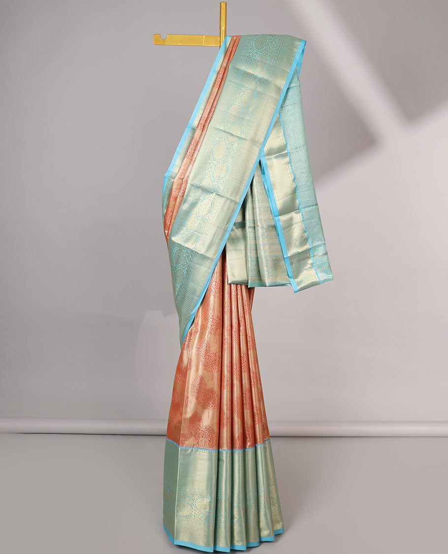 Orange floral buttas budget silk saree, contrast traditional zari design border & jaal pallu