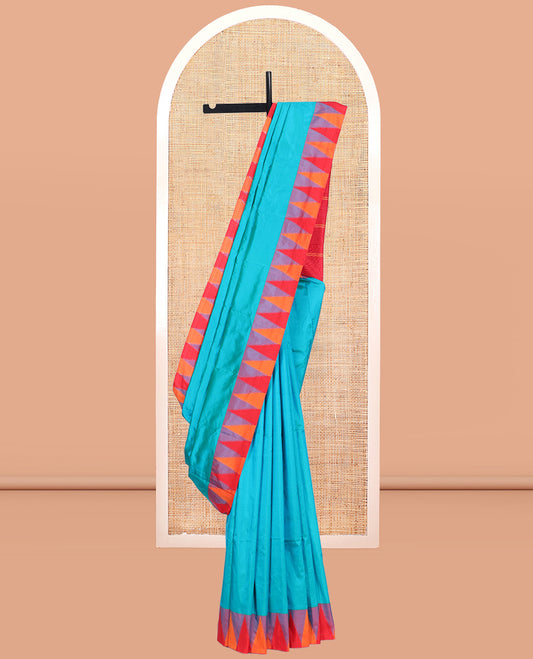 Blue Plain Bangalore Silk Saree, Adorned with a Contrast Temple Border, Striped Pallu, and Contrast Blouse