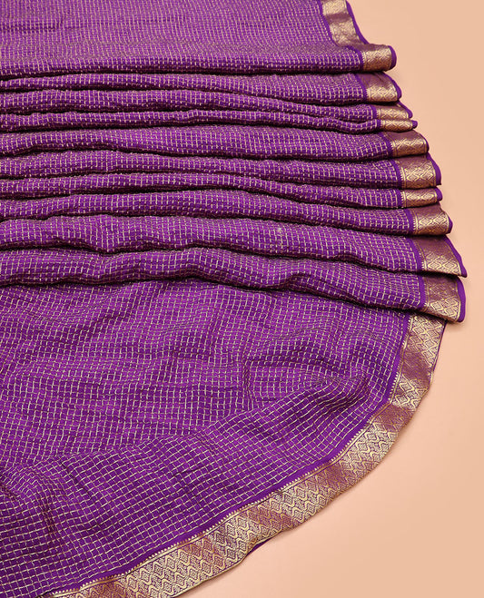 Purple checked bandhani silk saree with self zari design border & bhandani design pallu