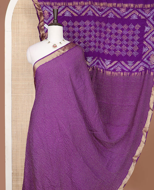 Purple checked bandhani silk saree with self zari design border & bhandani design pallu