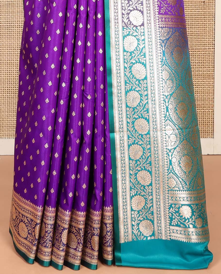 Violet Semi-Banaras Saree, Detailed with Buttas on Its Body, Complemented by a Contrast Floral Creeper Design Border, Intricately Designed Pallu, and Paired with a Contrast Blouse