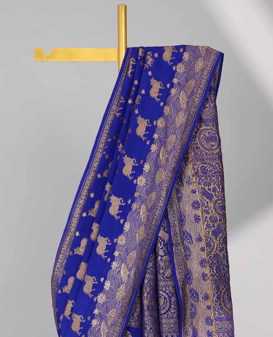 Blue pichwai design banaras silk saree with self intricate zari design & floral zari design pallu