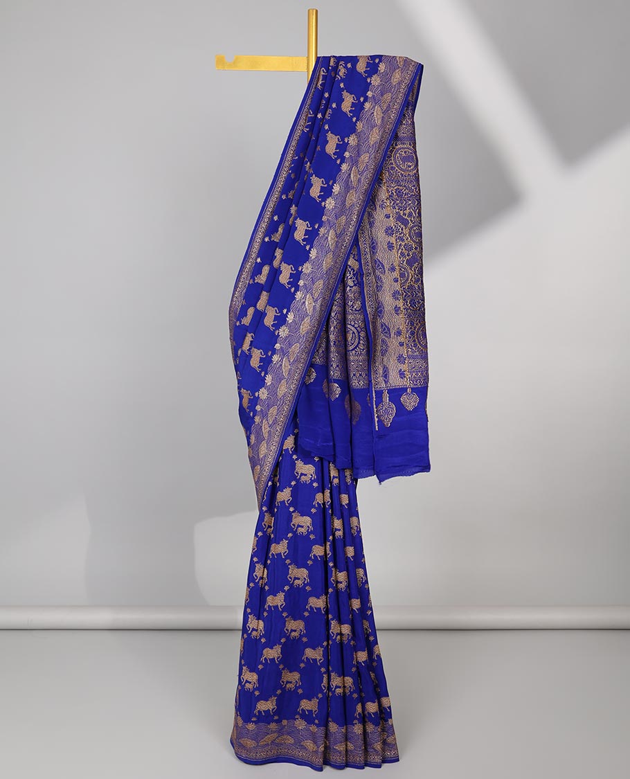 Blue pichwai design banaras silk saree with self intricate zari design & floral zari design pallu