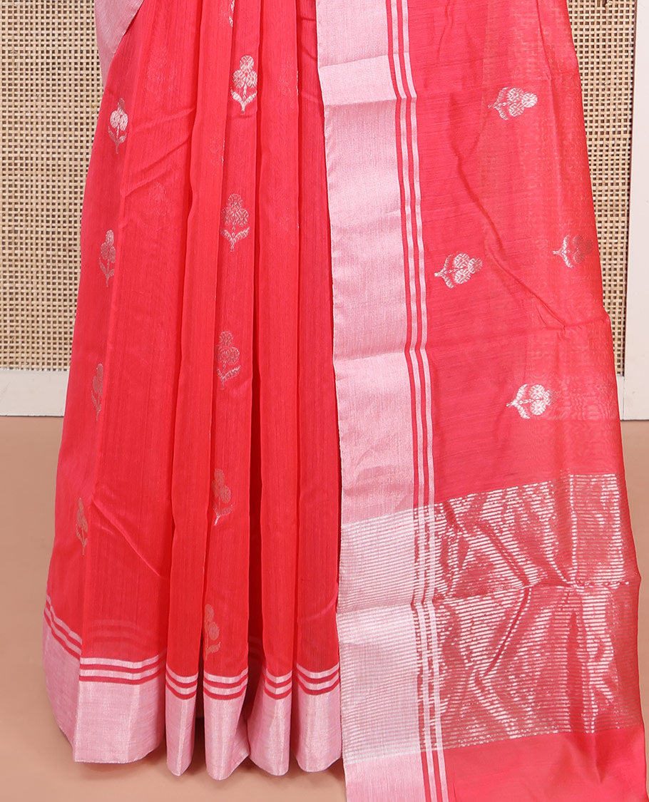 Red Chanderi Cotton Saree, Embellished with Floral Zari Buttas All Over Its Body, Highlighted by a Bavanji Border, Pallu Steeped with Zari Stripes, and Paired with a Matching Blouse