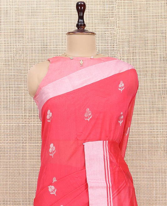 Red Chanderi Cotton Saree, Embellished with Floral Zari Buttas All Over Its Body, Highlighted by a Bavanji Border, Pallu Steeped with Zari Stripes, and Paired with a Matching Blouse