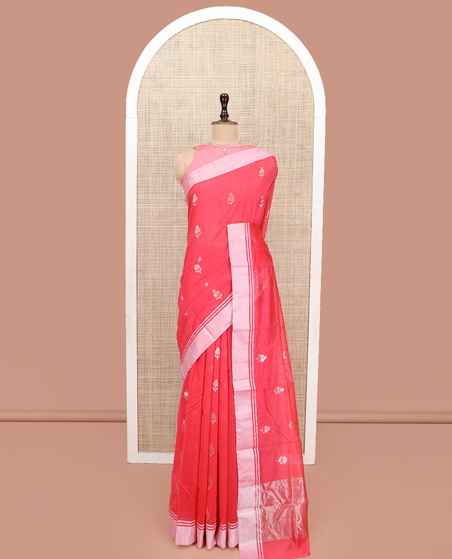Red Chanderi Cotton Saree, Embellished with Floral Zari Buttas All Over Its Body, Highlighted by a Bavanji Border, Pallu Steeped with Zari Stripes, and Paired with a Matching Blouse
