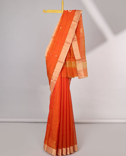 Orange  round motifs printed chanderi cotton saree with contrast plain border & floral motifs pallu