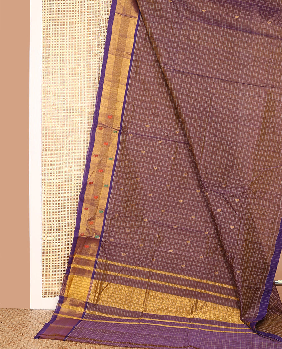 Violet Venkatagiri Cotton Saree, Embellished with Buttas and Checks on Its Body, Complemented by a Contrast Border of Zari and Thread Designs, Zari-Striped Pallu, and Comes Without a Blouse