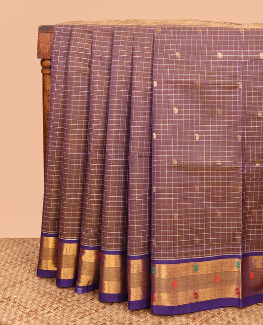 Violet Venkatagiri Cotton Saree, Embellished with Buttas and Checks on Its Body, Complemented by a Contrast Border of Zari and Thread Designs, Zari-Striped Pallu, and Comes Without a Blouse