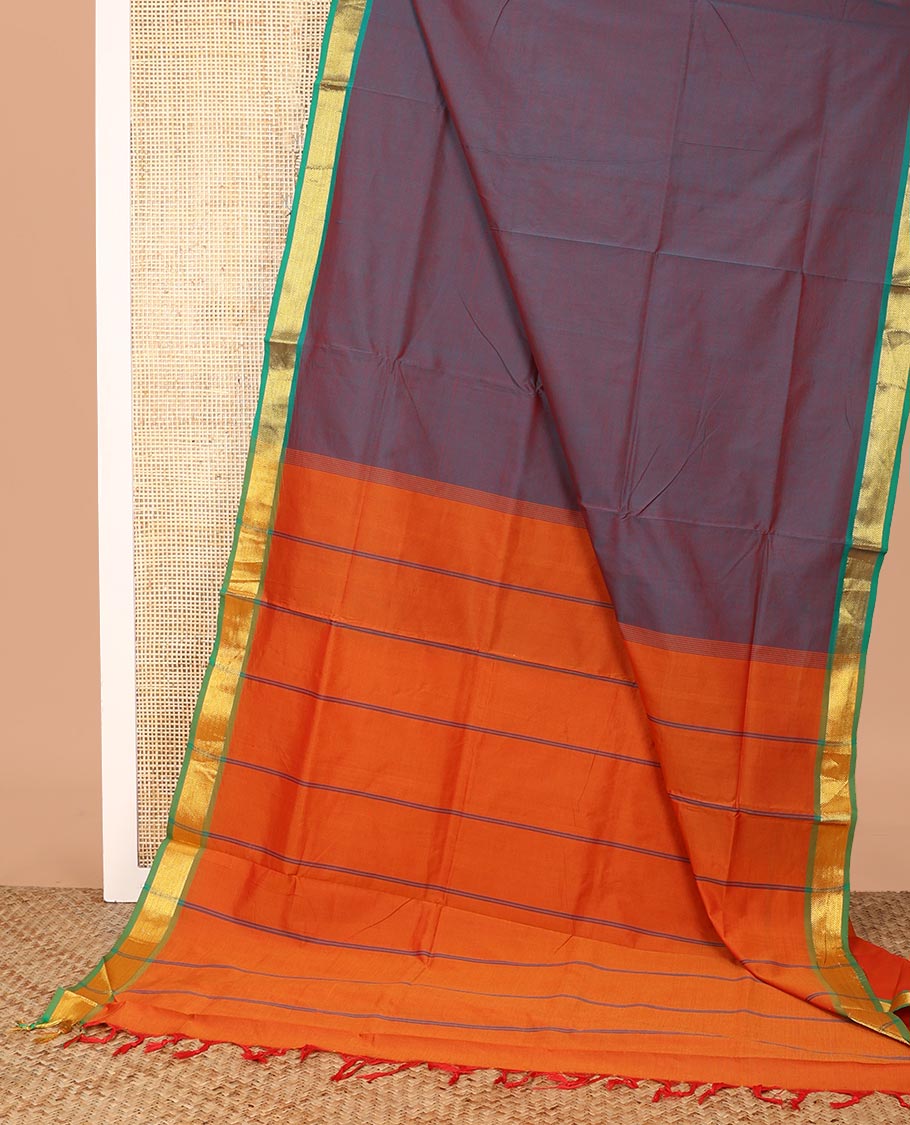 Blue Dual-Tone Plain Poly Cotton Saree, Complemented by a Contrast Chevron Striped Zari Border, Pallu of Stripes, and Paired with a Contrast Blouse