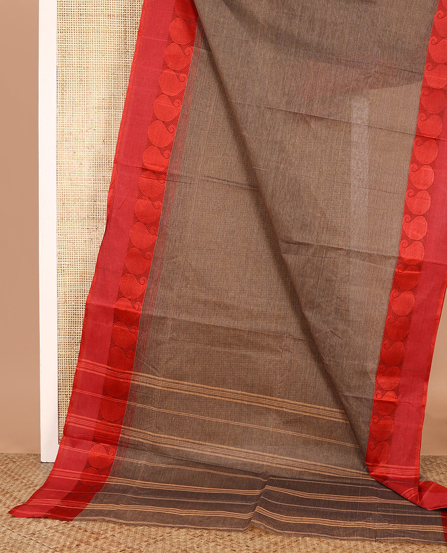 Brown plain Bengal cotton saree, contrast paisley border, and striped pallu