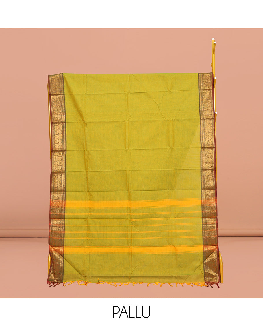 Light Green Plain Chettinad Cotton Saree, Complemented by Contrast Traditional Zari Design Border, Pallu of Stripes, and Paired with a Matching Blouse