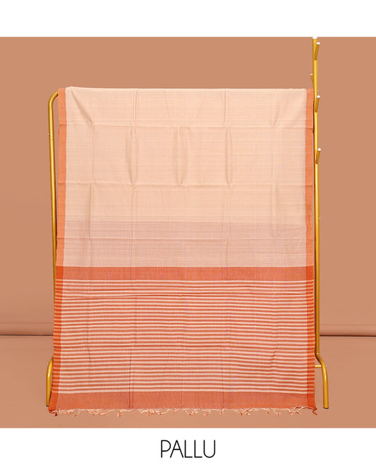 Sandal Plain Mangalgiri Cotton Saree, Complemented by Contrast Border, Subtly Striped Pallu and Paired with a Contrast Blouse