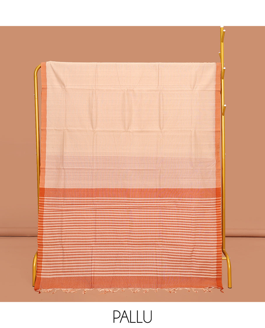 Sandal Plain Mangalgiri Cotton Saree, Complemented by Contrast Border, Subtly Striped Pallu and Paired with a Contrast Blouse