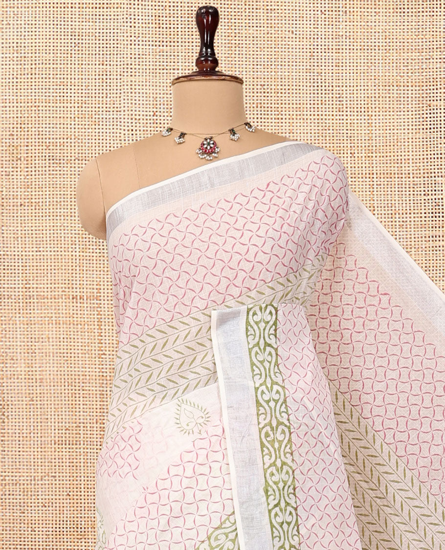 Off-White Jute Cotton Saree, Adorned with a Geometric Print, a Bavanji Border, Striped Pallu, and a Contrast Blouse