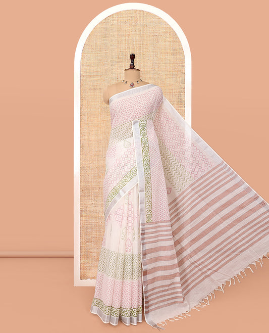 Off-White Jute Cotton Saree, Adorned with a Geometric Print, a Bavanji Border, Striped Pallu, and a Contrast Blouse