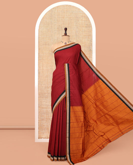 Red Plain Narayanpet Cotton Saree, Complemented by a Contrast Traditional Thread Border, Striped Pallu, and a Matching Blouse