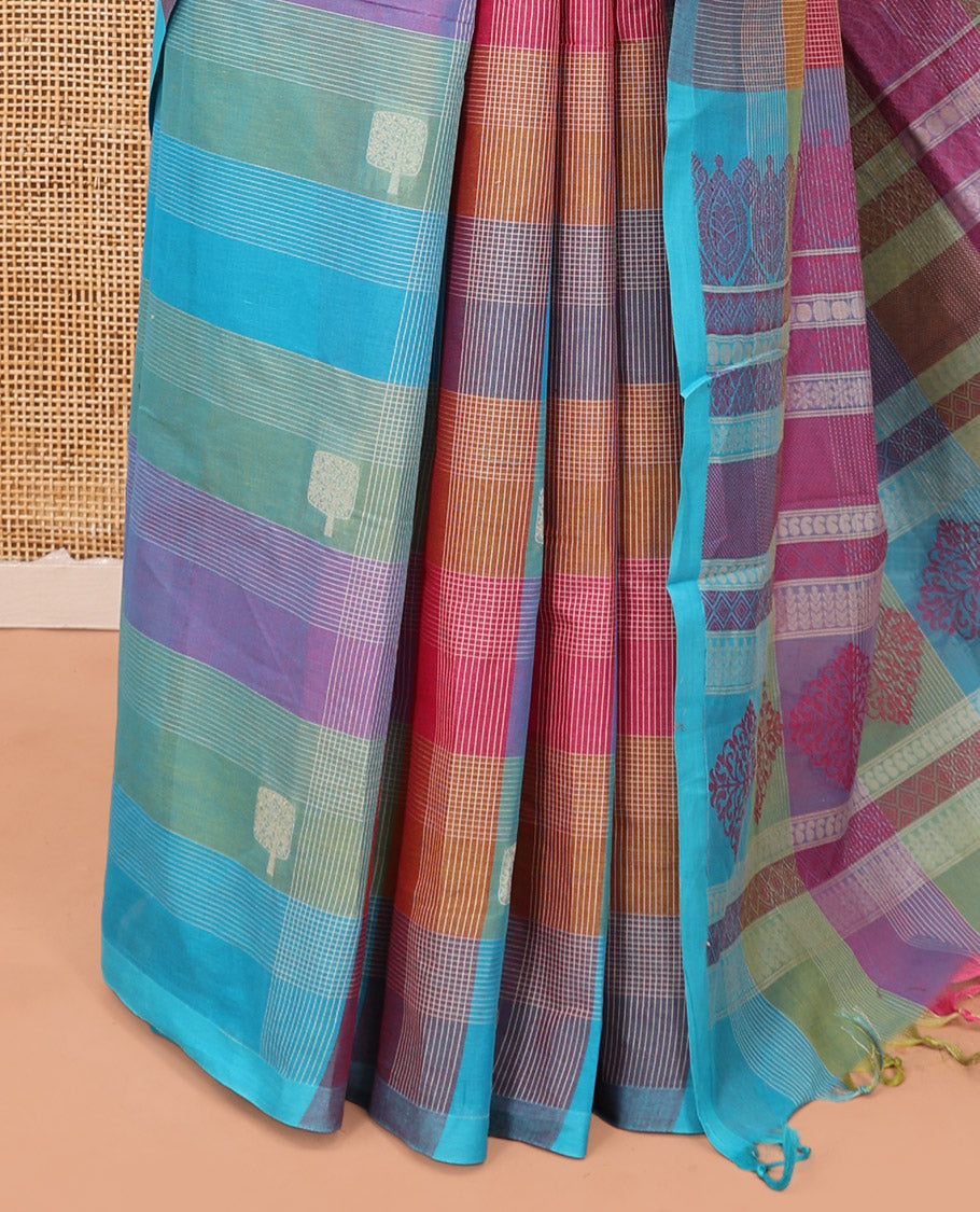 Borderless Multi-Color Cotton Saree, Delicately Woven with Buttas and Checks, Intricately Designed Pallu, and a Matching Blouse