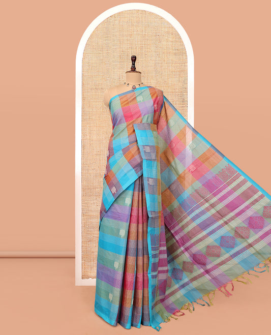 Borderless Multi-Color Cotton Saree, Delicately Woven with Buttas and Checks, Intricately Designed Pallu, and a Matching Blouse