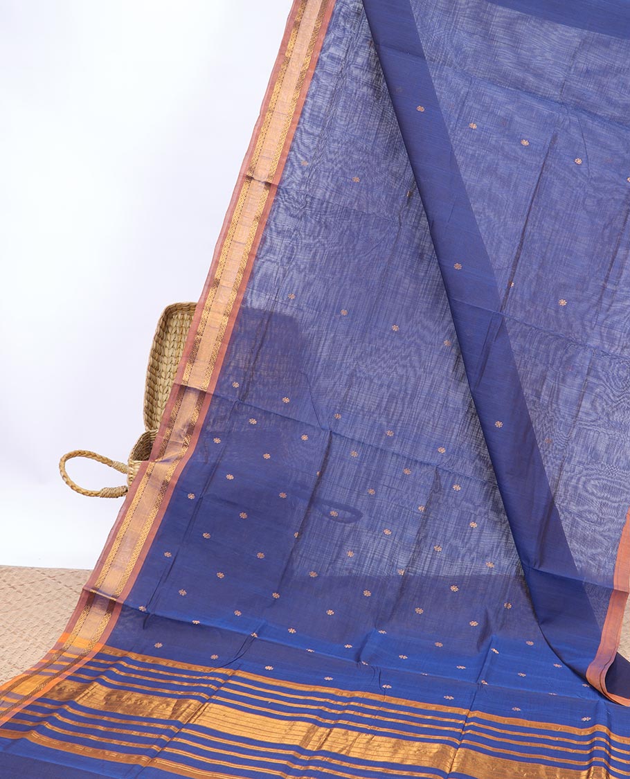 Blue zari buttas Vengatagiri cotton saree, contrast zari border & striped pallu