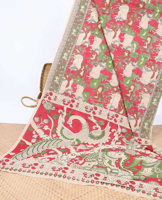 Pink pichwai cow machine-printed kalamkari cotton saree, uniquely printed border & animal motifs pallu