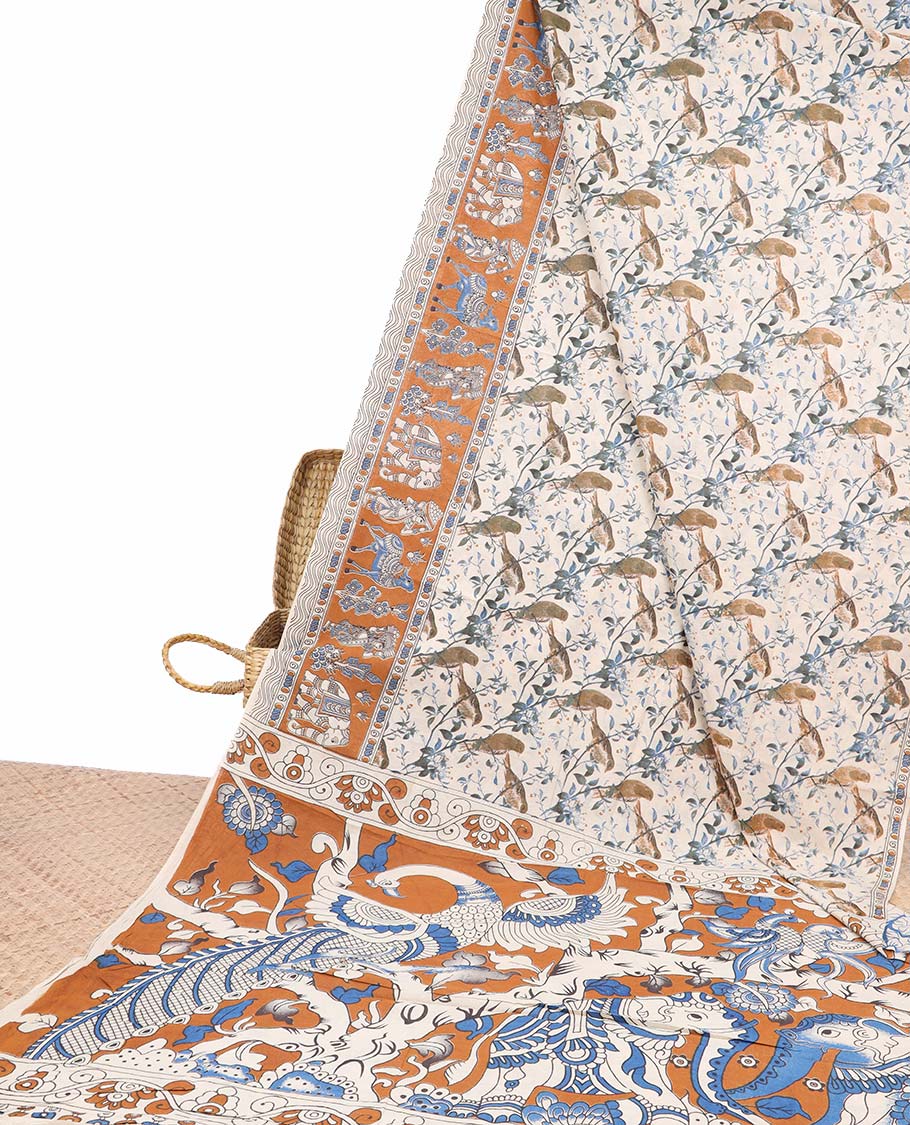 Cream bird motifs machine-printed kalamkari cotton saree, contrast unique motifs border & animal motifs pallu