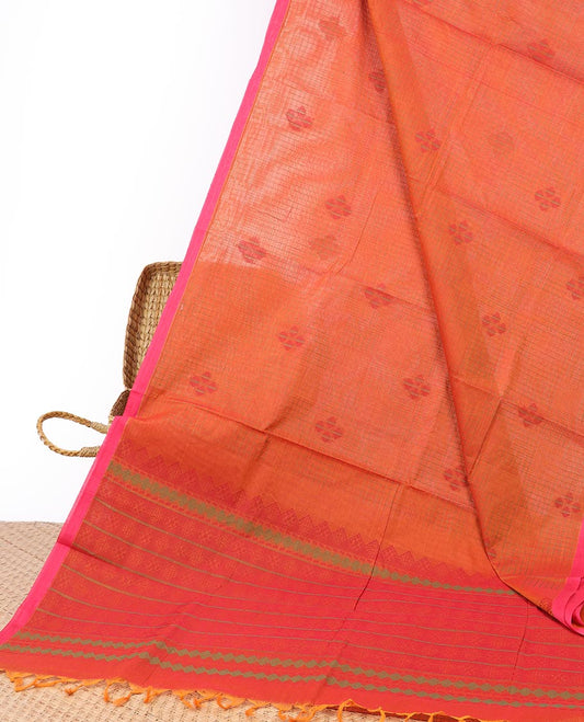 Orange checked Coimbatore cotton saree with buttas, contrast plain border & striped pallu