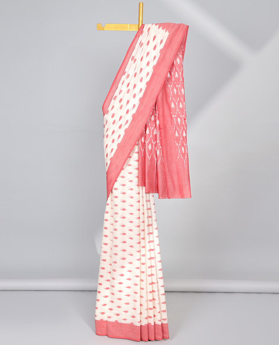 Cream motifs ikkat cotton saree with contrat plain border & ogee pattern pallu