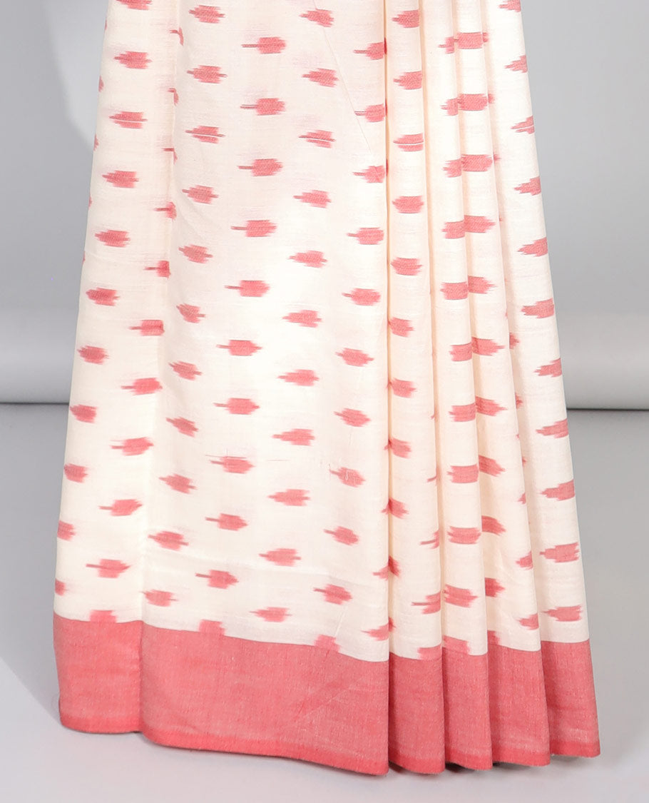 Cream motifs ikkat cotton saree with contrat plain border & ogee pattern pallu