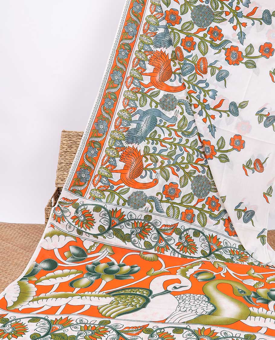 white swan, floral design machine-printed kalamkari cotton saree with contrast floral design & peacock design pallu