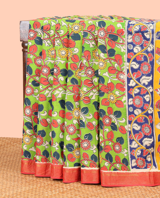Light green floral design machine-printed kalamkari cotton saree with contrast zari design border & animal motifs pallu