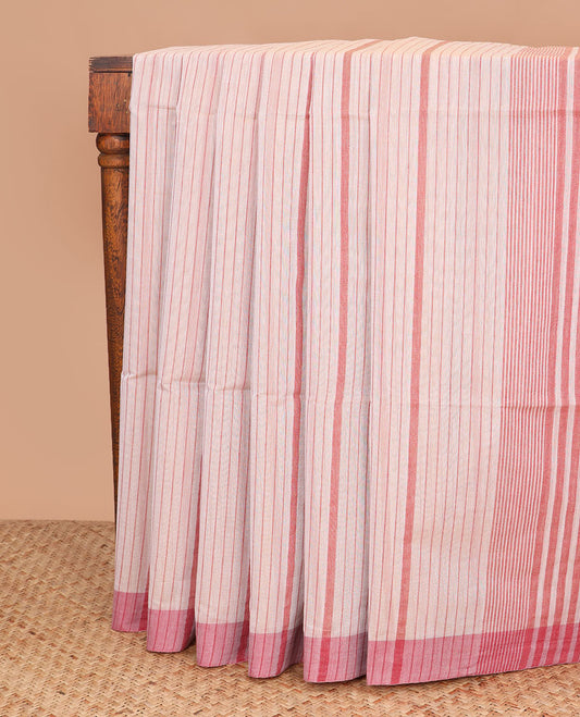 Light sandal and pink jute cotton saree, striped border, and striped pallu