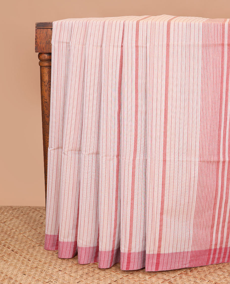 Light sandal and pink jute cotton saree, striped border, and striped pallu