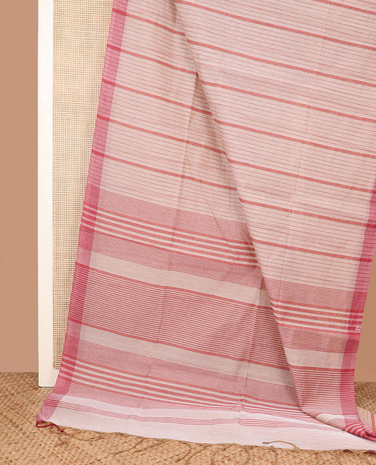 Light sandal and pink jute cotton saree, striped border, and striped pallu