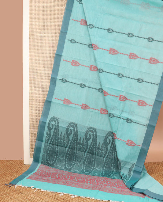 Blue dotted heart line Kanchi cotton saree, contrast plain border, and pallu of paisleys