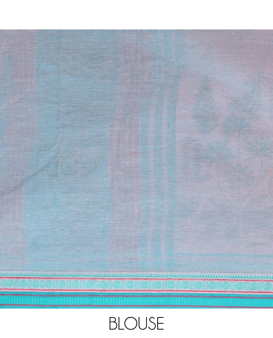 Pink tropical floral and bird printed Chirala cotton saree, contrast border, an pallu of stripes and buttas