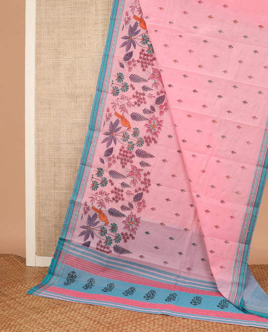 Pink tropical floral and bird printed Chirala cotton saree, contrast border, an pallu of stripes and buttas