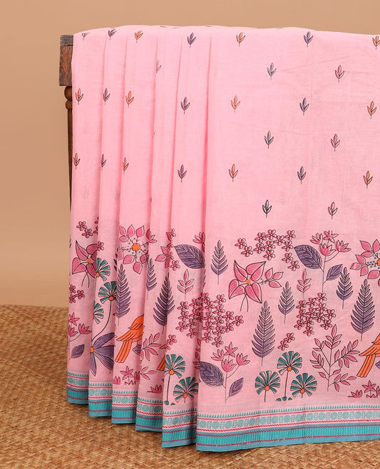 Pink tropical floral and bird printed Chirala cotton saree, contrast border, an pallu of stripes and buttas