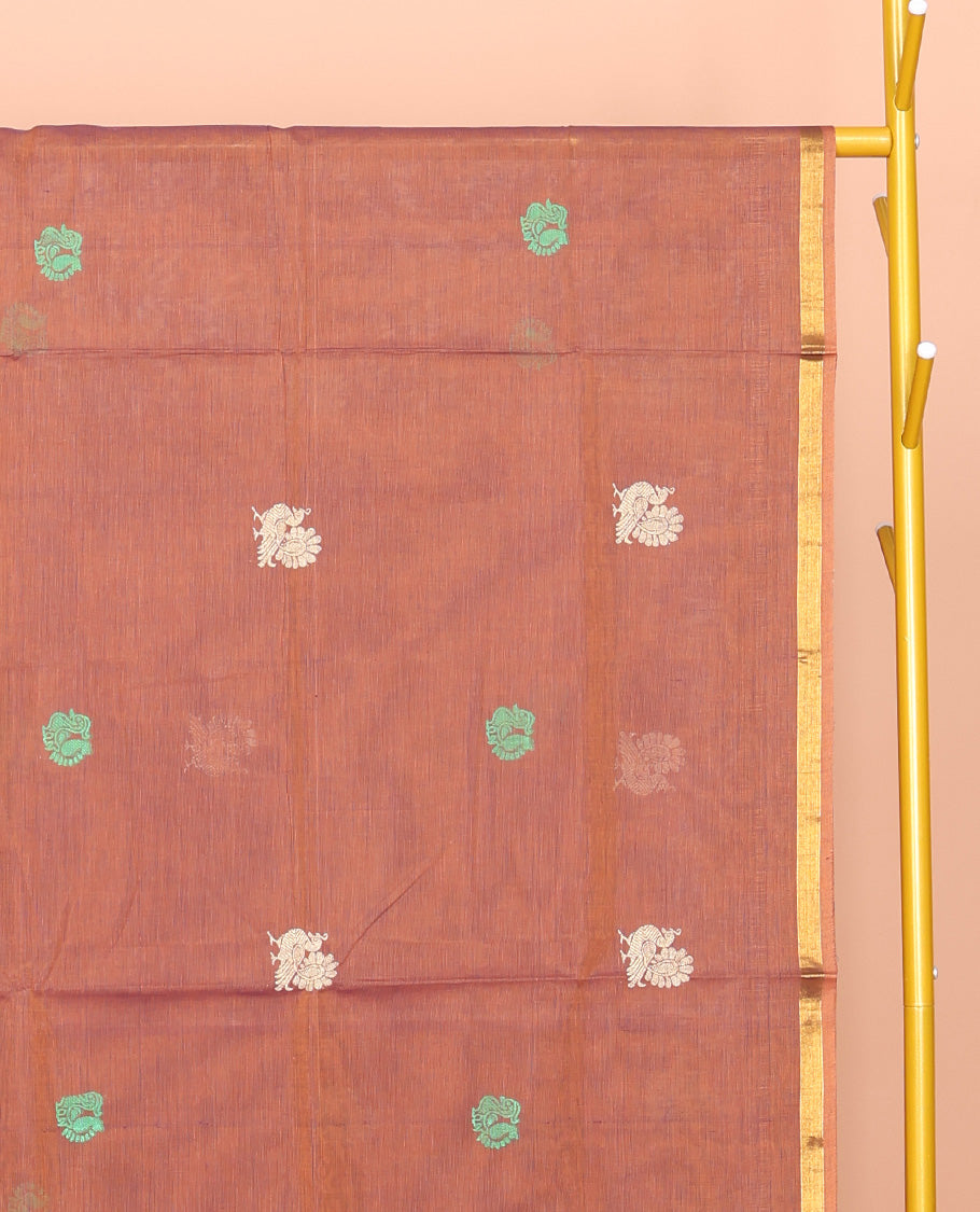 Peach Venkatagiri Cotton Saree, Woven with Buttas, a Contrast Floral Zari Border, Pallu of Buttas and Stripes, and No Blouse