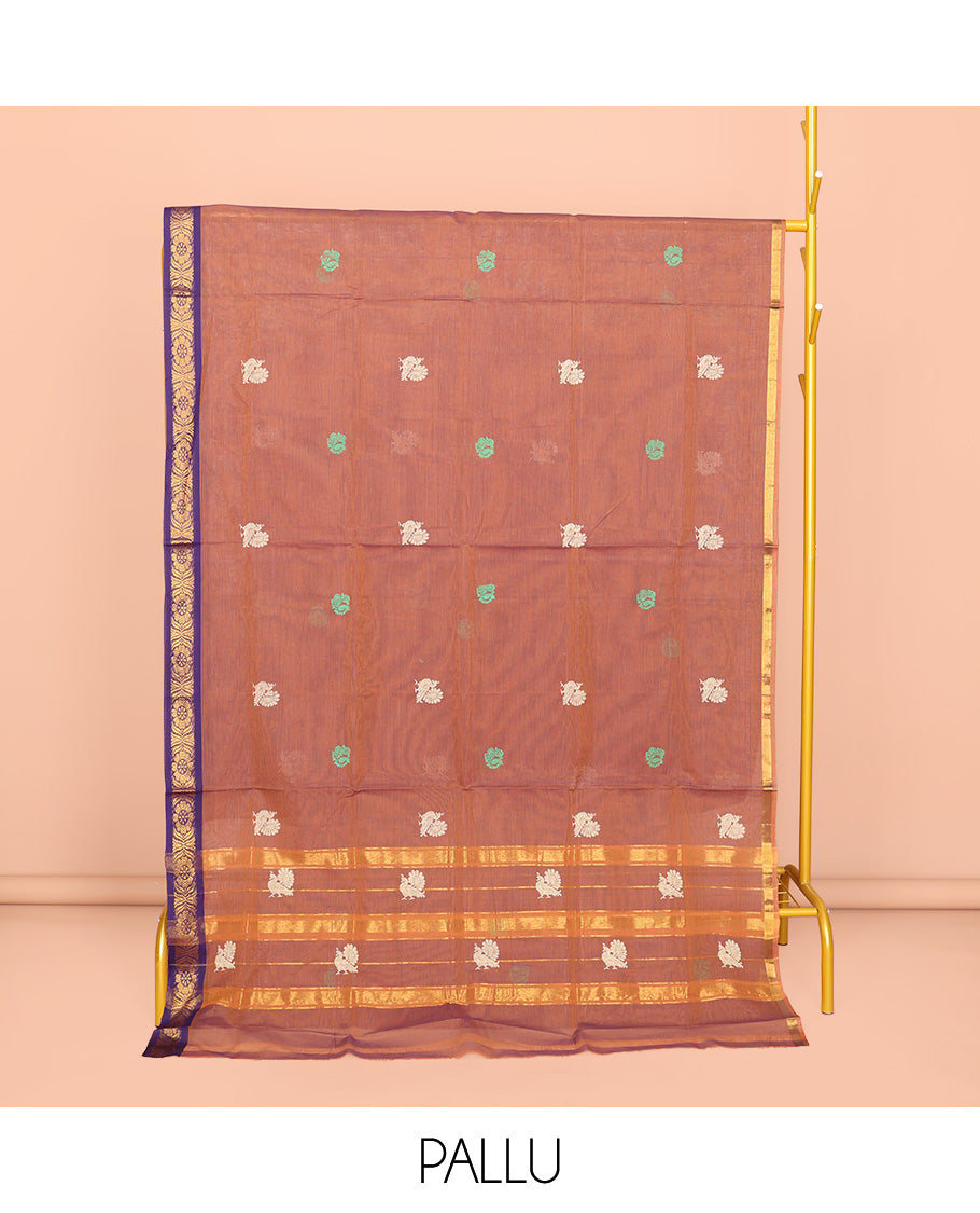 Peach Venkatagiri Cotton Saree, Woven with Buttas, a Contrast Floral Zari Border, Pallu of Buttas and Stripes, and No Blouse