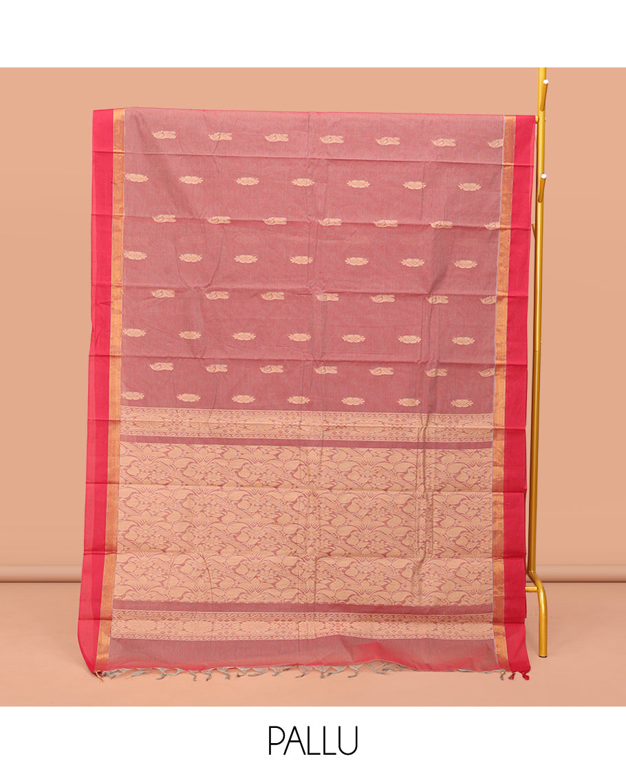 Peach Kanchi Cotton Saree, Elevated with Thread Buttas on Its Body, Complemented by a Contrast Border, Floral-Design Pallu, and a Matching Blouse