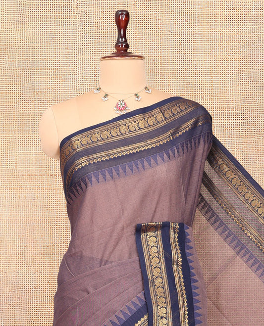 Brown Plain Chettinad Cotton Saree, Enriched by a Contrast Traditional Temple Rettai Pettu Peacock Border, a Striped Pallu and a Matching Blouse
